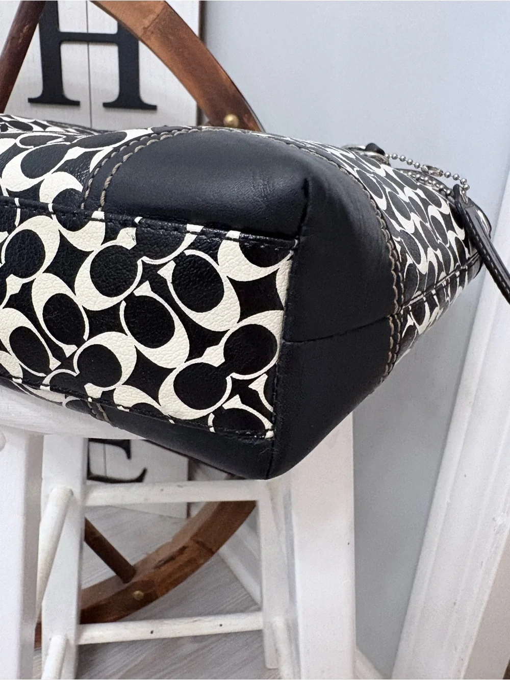 Coach Black and White Signature Tote with Striped Detail-Great condition
